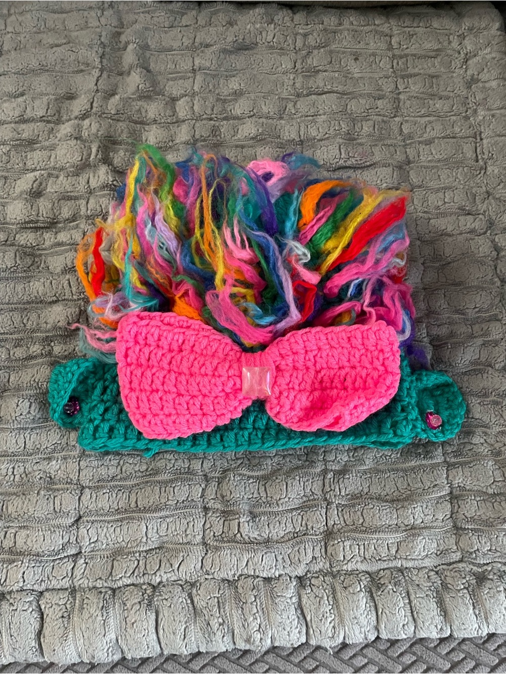 Handmade Kids Crochet Headband with Pink Bow and Rainbow Tassels (Trolls)